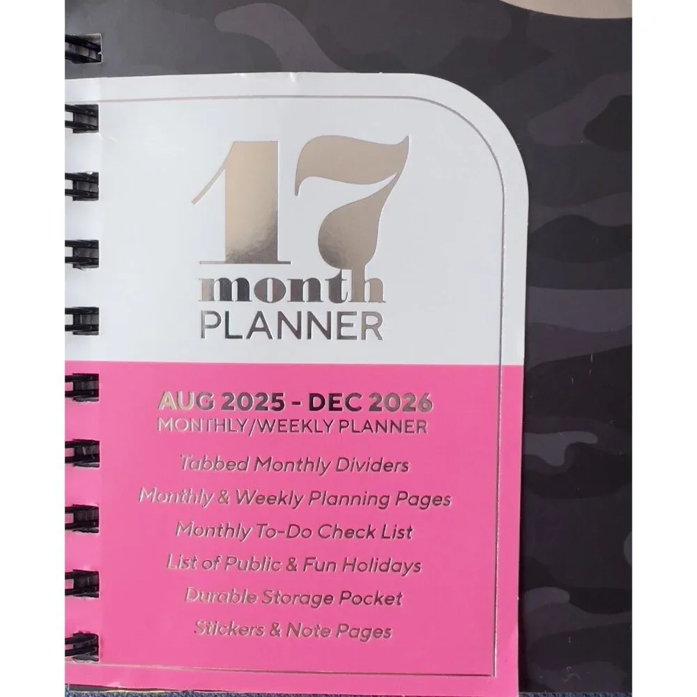 17 Month Planner Black CAMO Aug 2025 -Dec 2026 Weekly Planning Note Page Gift